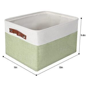 Lucky Monet 3PCS Foldable Fabric Storage Bin Set Collapsible Cotton Linen Storage Basket Cube Closet Organizer Box w/Faux Leather Handles (Green & White)