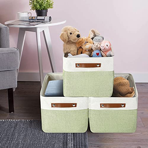 Lucky Monet 3PCS Foldable Fabric Storage Bin Set Collapsible Cotton Linen Storage Basket Cube Closet Organizer Box w/Faux Leather Handles (Green & White)