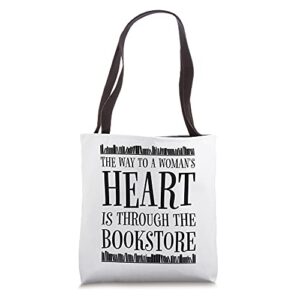 the way to a woman’s heart is through the bookstore bookish tote bag