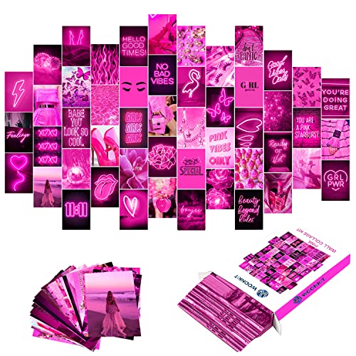 Woonkit Pink Neon Wall Collage Kit Aesthetic Pictures, Trendy Room Decor for Teen Girls, Pink Collage Kit, Hot Pink Room Decor, Pink Room Decor Aesthetic, Hot Pink Wall Decor, 50pcs 4x6 Inch