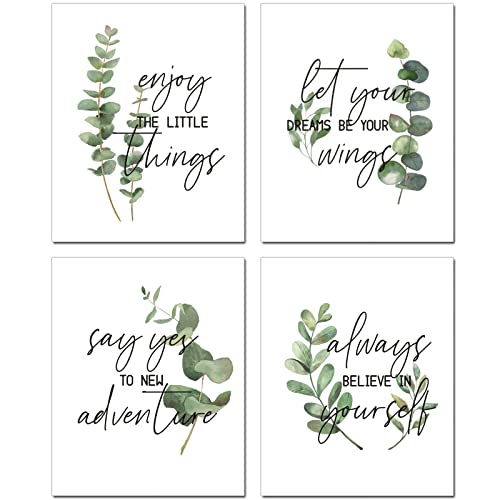 Fit Design Green Leaves Plant Wall Art Decor Canvas Painting Set of 4,Inspirational Motivational Quote Wall Posters for Home Office,Botanical Wall Art Prints Wall Decor (Unframed,8x10 inch)