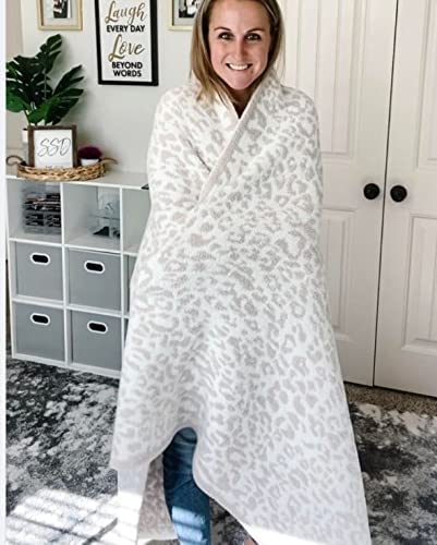 100% Polyester Microfiber Fluffy Leopard Knitted Throw Blanket Super Soft Cozy Lightweight Thick Blanket for Sofa Couch Bed 51"X71" Stone /Cream¡­