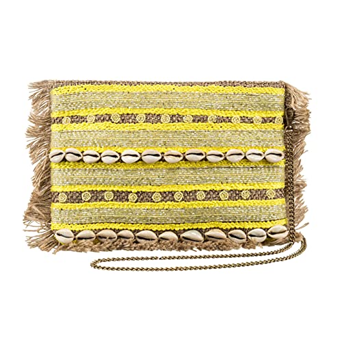 Alex Max Moku Cowrie Seashell Beaded Jute Clutch Crossbody (Yellow)