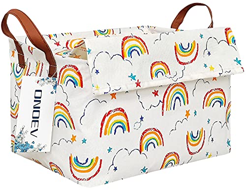 ONOEV Rectangular Fabric basket with cover and handle, decorative basket and closet storage box for clothes, books and sundries（rainbow with lid）, 14.9x10.2x9.05 Inch (Pack of 1)