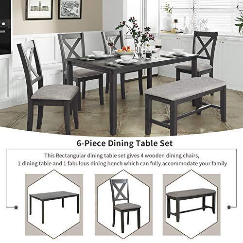 Harper & Bright Designs 6-Piece Dining Table Set, Dining Room Table Set with Wooden Rectangular Dining Table, 4 Dining Chair and Bench, Kitchen Dinette Set for 6 People (Grey)