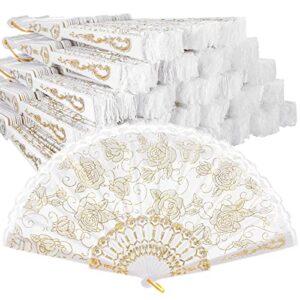 yalikop rose lace floral hand fans retro elegant chinese folding fan white vintage bridal handheld dancing fan props for wedding party church ladies girls favors (gold, 48 pieces)