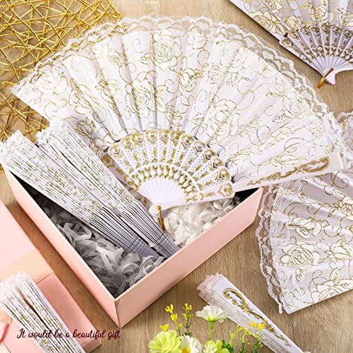 Yalikop Rose Lace Floral Hand Fans Retro Elegant Chinese Folding Fan White Vintage Bridal Handheld Dancing Fan Props for Wedding Party Church Ladies Girls Favors (Gold, 48 Pieces)
