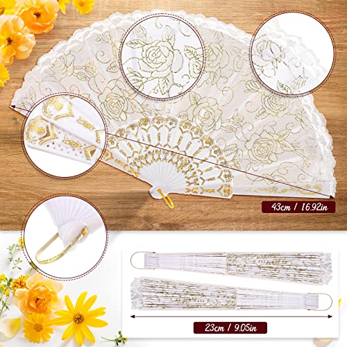 Yalikop Rose Lace Floral Hand Fans Retro Elegant Chinese Folding Fan White Vintage Bridal Handheld Dancing Fan Props for Wedding Party Church Ladies Girls Favors (Gold, 48 Pieces)