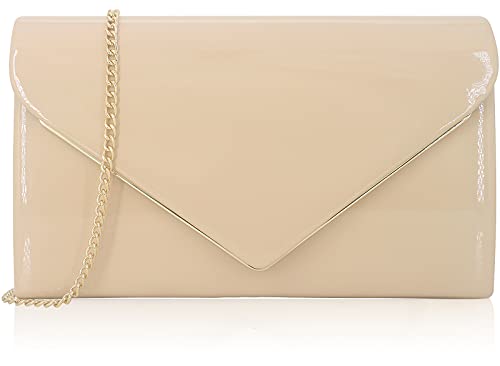 MOJISOLO Women's Evening Clutch Bags for Formal Cocktail Prom Wedding Party Patent Leather Dressy Foldover Purse Nude