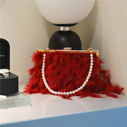 Feather Handbag Women's Evening Clutch Bag Pearl Chain Shoulder Bag Party Purse Red