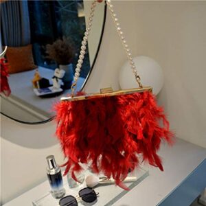 Feather Handbag Women's Evening Clutch Bag Pearl Chain Shoulder Bag Party Purse Red