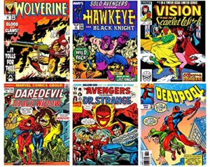 avengers wall art – superhero vintage comic books décor unframed set of 6 prints, 8×10 inch, super heroes poster room decor black widow dr strange dead pool wolverine hawk eye vision & scarlet witch, vintage posters for kids adults boys bedroom (yellow)