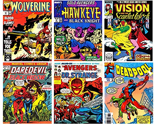 Avengers Wall Art – Superhero Vintage Comic Books Décor Unframed Set of 6 Prints, 8x10 Inch, Super Heroes Poster Room Decor Black Widow Dr Strange Dead Pool Wolverine Hawk Eye Vision & Scarlet Witch, Vintage Posters for Kids Adults Boys Bedroom (Yellow)