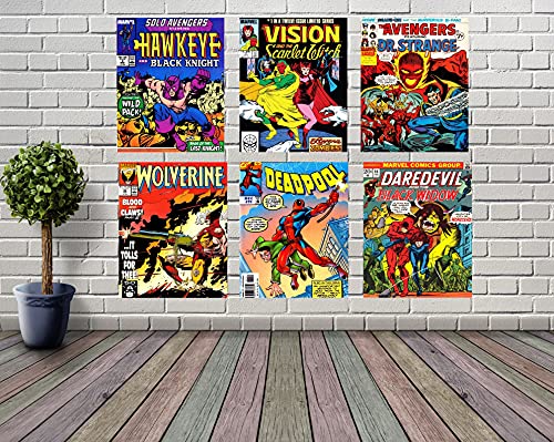 Avengers Wall Art – Superhero Vintage Comic Books Décor Unframed Set of 6 Prints, 8x10 Inch, Super Heroes Poster Room Decor Black Widow Dr Strange Dead Pool Wolverine Hawk Eye Vision & Scarlet Witch, Vintage Posters for Kids Adults Boys Bedroom (Yellow)