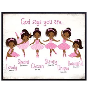 black afro african american girl wall art – god says you are christian bible verses – religious room decor – toddler, little girls bedroom decor – pink ballerina baby room decorations – daughter gifts