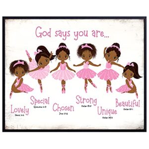 Black Afro African American Girl Wall Art - God Says You Are Christian Bible Verses - Religious Room Decor - Toddler, Little Girls Bedroom Decor - Pink Ballerina Baby Room Decorations - Daughter Gifts