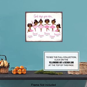 Black Afro African American Girl Wall Art - God Says You Are Christian Bible Verses - Religious Room Decor - Toddler, Little Girls Bedroom Decor - Pink Ballerina Baby Room Decorations - Daughter Gifts