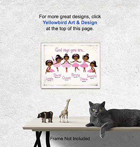 Black Afro African American Girl Wall Art - God Says You Are Christian Bible Verses - Religious Room Decor - Toddler, Little Girls Bedroom Decor - Pink Ballerina Baby Room Decorations - Daughter Gifts