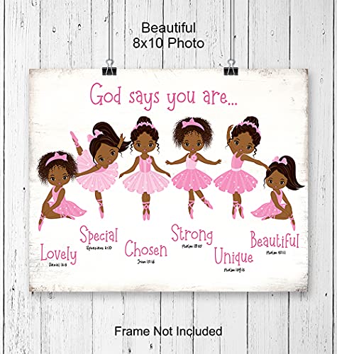 Black Afro African American Girl Wall Art - God Says You Are Christian Bible Verses - Religious Room Decor - Toddler, Little Girls Bedroom Decor - Pink Ballerina Baby Room Decorations - Daughter Gifts