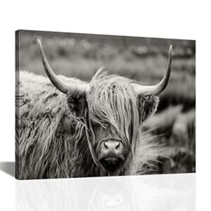 highland cow wall art, black and white landscape, cow pictures wall decor, farmhouse wall decor for living room bedroom modern home decor ready to hang stretched and framed artwork 16”x12”