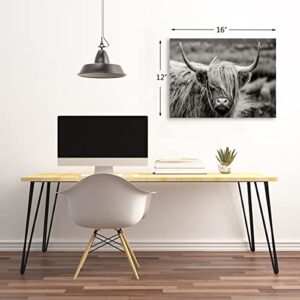 Highland Cow Wall Art, Black and White Landscape, Cow Pictures Wall Decor, Farmhouse Wall Decor for Living Room Bedroom Modern Home Decor Ready to Hang Stretched and Framed Artwork 16''x12''