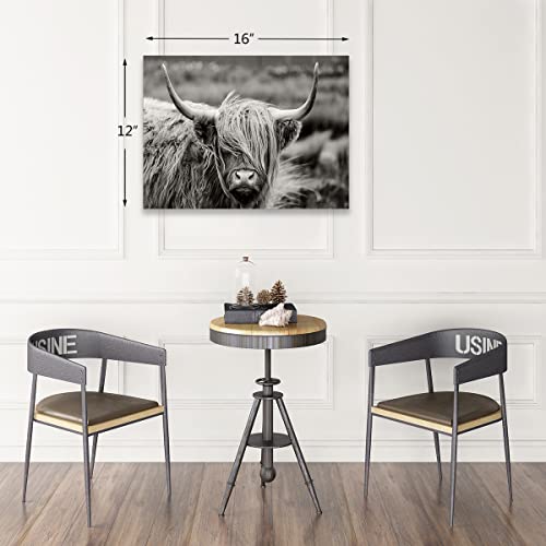 Highland Cow Wall Art, Black and White Landscape, Cow Pictures Wall Decor, Farmhouse Wall Decor for Living Room Bedroom Modern Home Decor Ready to Hang Stretched and Framed Artwork 16''x12''