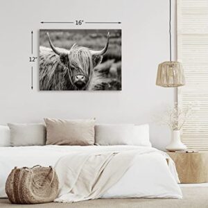 Highland Cow Wall Art, Black and White Landscape, Cow Pictures Wall Decor, Farmhouse Wall Decor for Living Room Bedroom Modern Home Decor Ready to Hang Stretched and Framed Artwork 16''x12''