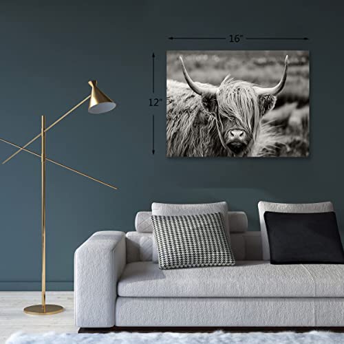 Highland Cow Wall Art, Black and White Landscape, Cow Pictures Wall Decor, Farmhouse Wall Decor for Living Room Bedroom Modern Home Decor Ready to Hang Stretched and Framed Artwork 16''x12''