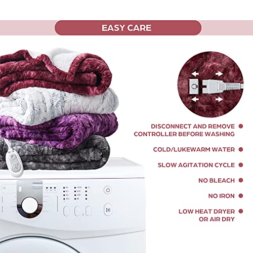 Codi Soft Oversize Heated Throw Blanket, Burgundy Faux Fur with Fuzzy Sherpa Back | 60 x 70 Oversized Electric Throws for Couch | 3 Heat Setting with Auto Shut Off, 6ft Power Cord | Washable