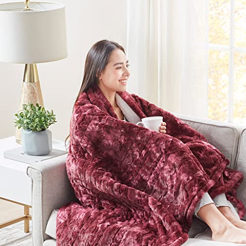 Codi Soft Oversize Heated Throw Blanket, Burgundy Faux Fur with Fuzzy Sherpa Back | 60 x 70 Oversized Electric Throws for Couch | 3 Heat Setting with Auto Shut Off, 6ft Power Cord | Washable