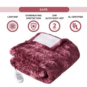 Codi Soft Oversize Heated Throw Blanket, Burgundy Faux Fur with Fuzzy Sherpa Back | 60 x 70 Oversized Electric Throws for Couch | 3 Heat Setting with Auto Shut Off, 6ft Power Cord | Washable