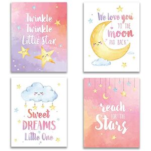 love you to the moon stars art print poster, 8×10″ watercolor inspirational family love saying canvas wall art printing for kids nursery baby bedroom girls daughter granddaughter room decorations, unframed