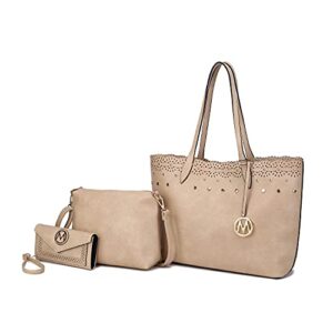 mkf collection tote shoulder bag for women, crossbody purse & wristlet -pocketbook 3 pcs handbag set beige
