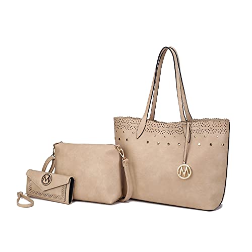 MKF Collection Tote Shoulder Bag for Women, Crossbody Purse & Wristlet -Pocketbook 3 PCs Handbag Set Beige