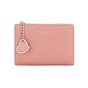 sunwel fashion small wallet with heart pendant bifold wallet zipper pocket cash card holder coin purse for women girls (pink, heart charm)