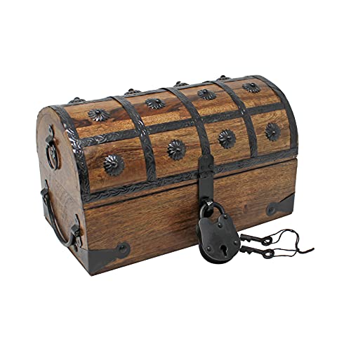 Nautical Cove Pirate Treasure Chest with Iron Lock and Skeleton Key - Wooden Storage and Decorative Box (Medium 11 x 6 x 6.75)