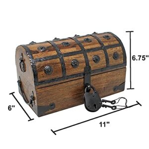 Nautical Cove Pirate Treasure Chest with Iron Lock and Skeleton Key - Wooden Storage and Decorative Box (Medium 11 x 6 x 6.75)