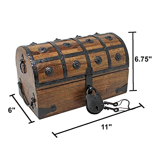 Nautical Cove Pirate Treasure Chest with Iron Lock and Skeleton Key - Wooden Storage and Decorative Box (Medium 11 x 6 x 6.75)