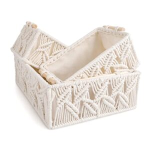anminy macrame storage baskets set 3pcs handmade cotton woven decorative boho desk storage bins boxes with wood handles nursery baby kid towel paper large small shelf organizer container ivory color