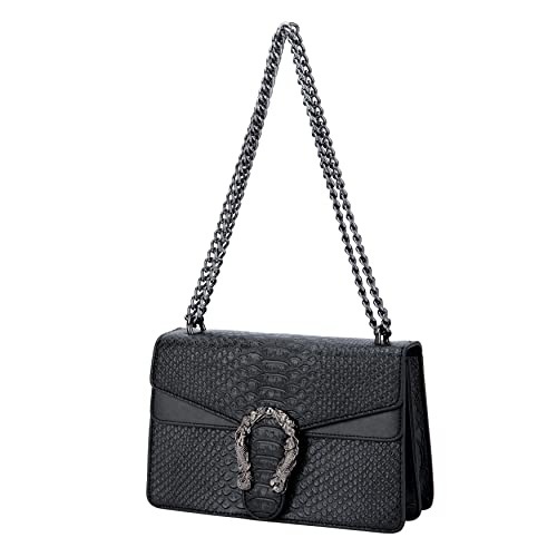 Leather Shoulder Bag Chain Purse for Women - Fashion Crossbody Bags Vintage Snake Print Underarm Bag Square Satchel Clutch Handbag(Black)