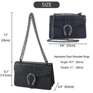 Leather Shoulder Bag Chain Purse for Women - Fashion Crossbody Bags Vintage Snake Print Underarm Bag Square Satchel Clutch Handbag(Black)