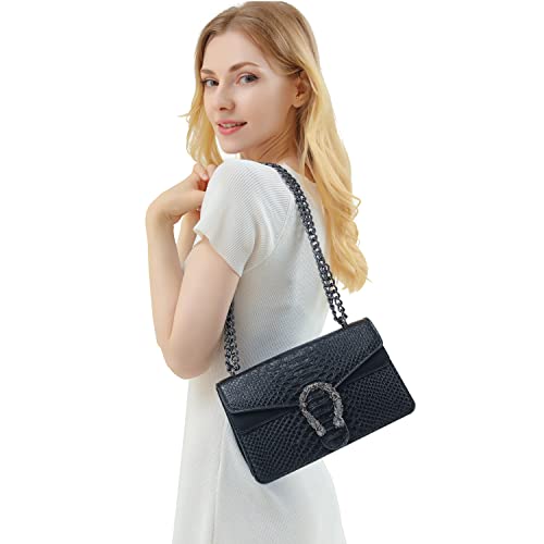 Leather Shoulder Bag Chain Purse for Women - Fashion Crossbody Bags Vintage Snake Print Underarm Bag Square Satchel Clutch Handbag(Black)