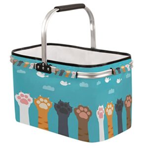 cat paw print market basket collapsible large picnic basket cute animal shopping basket with handle heavy duty reusable grocery bags folding picnic baskets for shopping, beach, camping, travel