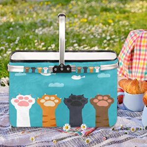 Cat Paw Print Market Basket Collapsible Large Picnic Basket Cute Animal Shopping Basket with Handle Heavy Duty Reusable Grocery Bags Folding Picnic Baskets for Shopping, Beach, Camping, Travel