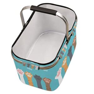 Cat Paw Print Market Basket Collapsible Large Picnic Basket Cute Animal Shopping Basket with Handle Heavy Duty Reusable Grocery Bags Folding Picnic Baskets for Shopping, Beach, Camping, Travel