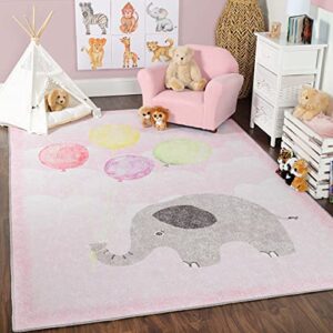superior kids indoor area rug, elephant design, cute rugs for bedroom, nursery, playroom, living room, entryway, unique accent, soft cotton backed rugs, nursery collection, 5’7″ x 8’9″, soft pink