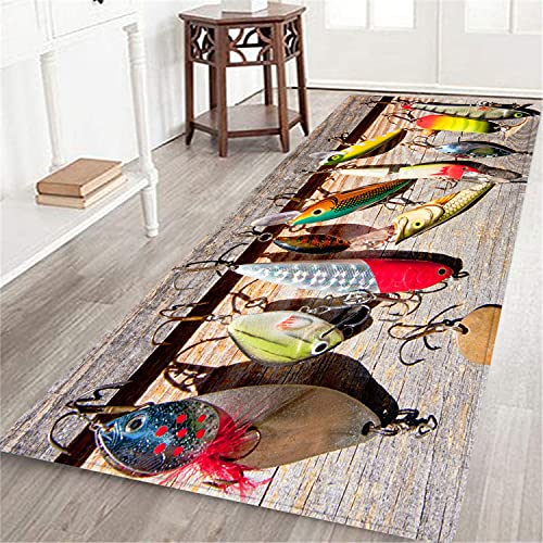 SIONOLY Long Floor Mat Fish Rustic Boards Fishing Print Non-Slip Carpet Hallway Doormat Entrance Door Mats Washable Runner Area Kitchen Rugs