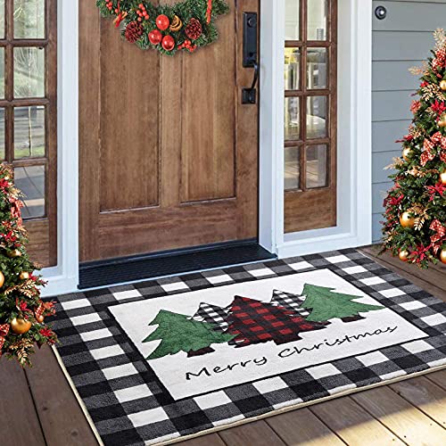 Estmy Black and White Buffalo Plaid Vintage Indoor Christmas Tree Rug 2x3, Christmas Bathroom Kitchen Small Area Rug Farmhouse Country Xmas Decorations Front Porch Rug Doormat Entryway Floor Rug