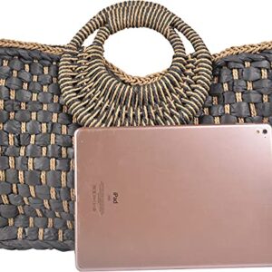 QZUnique Hand-woven Straw Bag Women Summer Beach Handbag Casual Satchel Retro Top Handle Tote Clutch