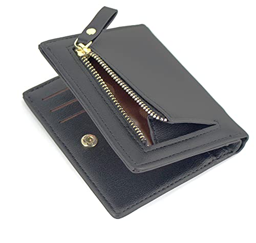 SUMGOFO Small Wallet for Women Slim Leather Card Holder RFID Mini Bifold Short Front Zipper Pocket Coin Purse (Black)